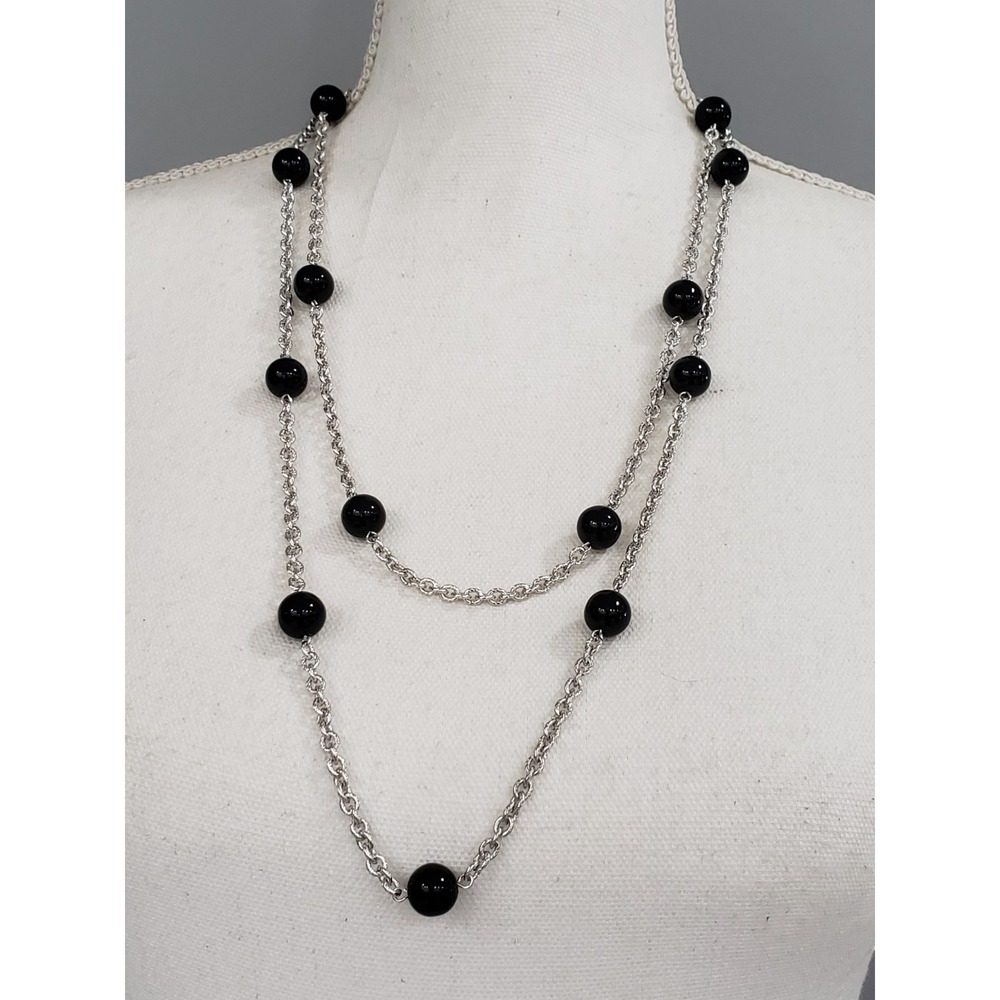 54" NEW Lauren G Adams LONG LAYERING SILVER TONE BLACK NECKLACE gothic witchy